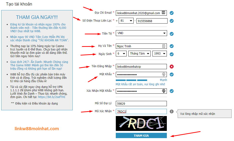 Điền chính xác thông tin để đăng ký tài khoản w88